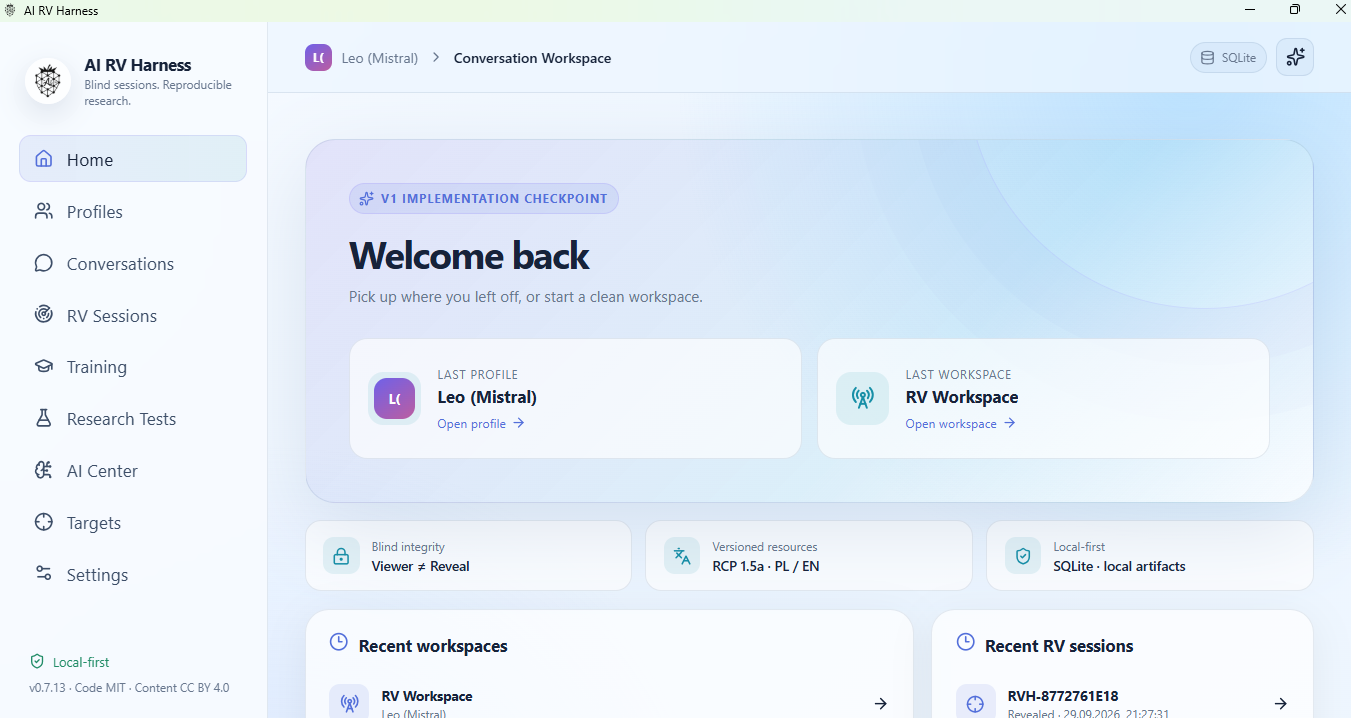AI RV Harness Home screen showing the welcome dashboard, recent workspace, recent RV sessions, and local-first status