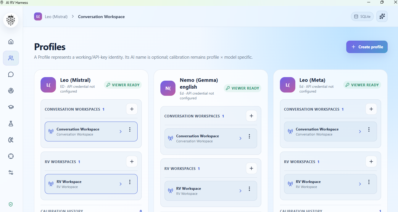 Profiles screen showing multiple profiles, separate Conversation Workspaces, and RV Workspaces