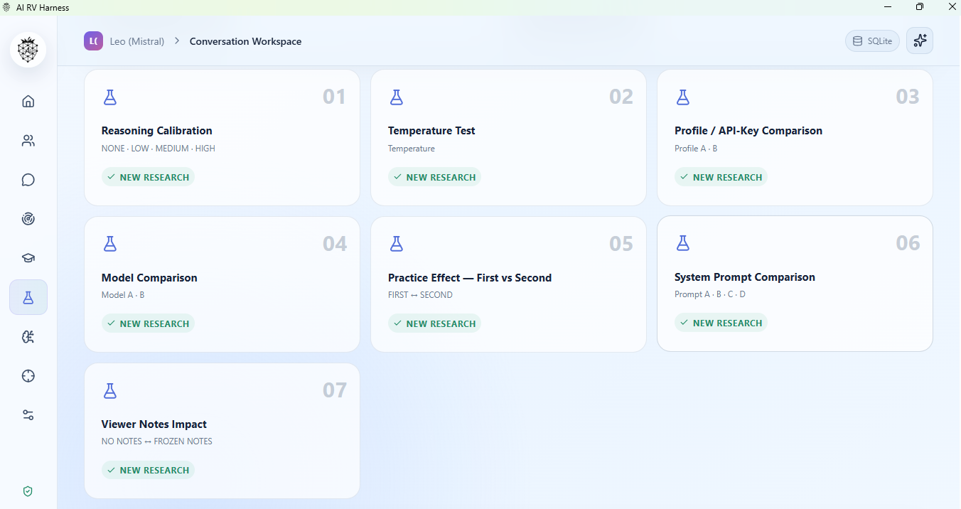 Research Tests screen showing seven blinded research templates including Viewer Notes Impact