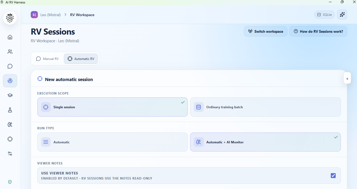 RV Sessions screen showing Automatic RV configuration with single session and AI Monitor options